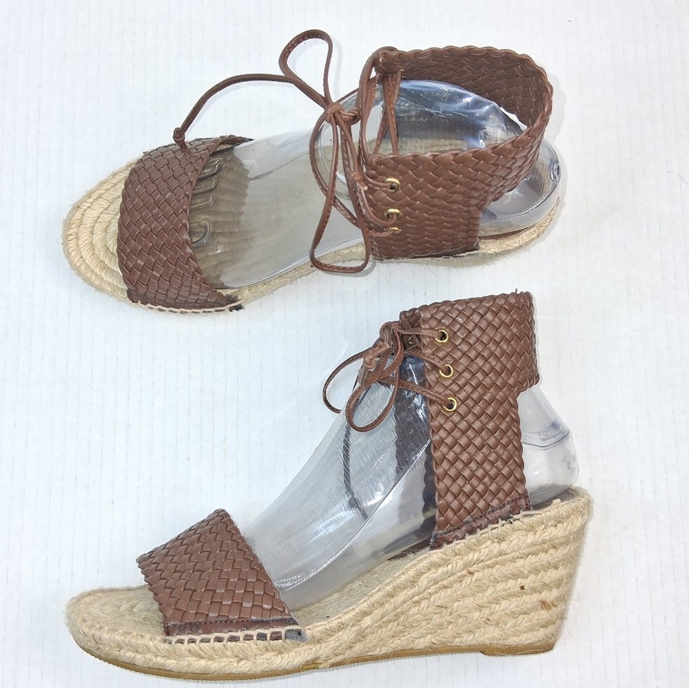 Bettye Muller Woven Brown Leather Wedge Espadrille Sandals